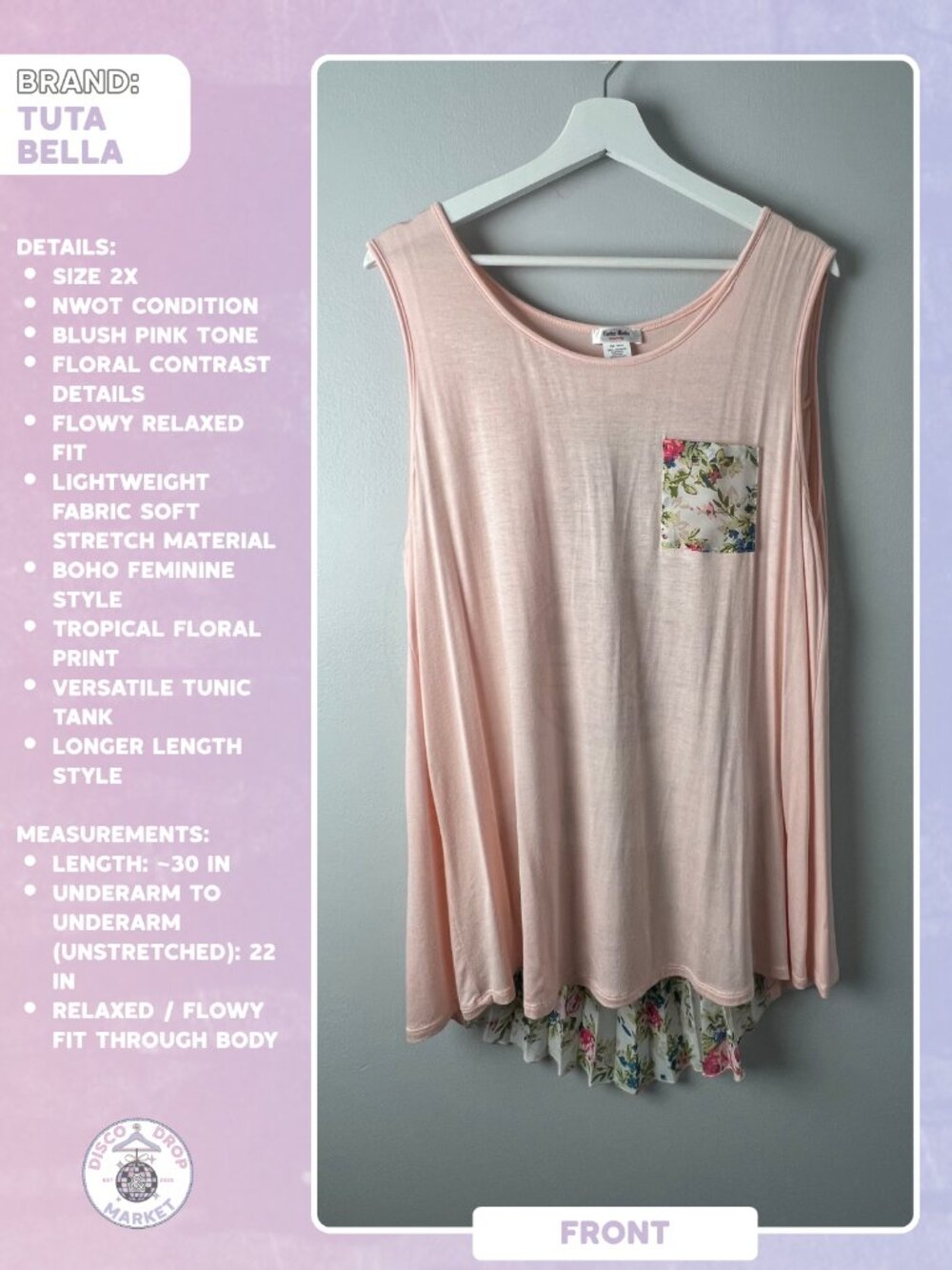 Tuta Bella Pink Floral Flowy Tunic Tank Top 2X NWOT
